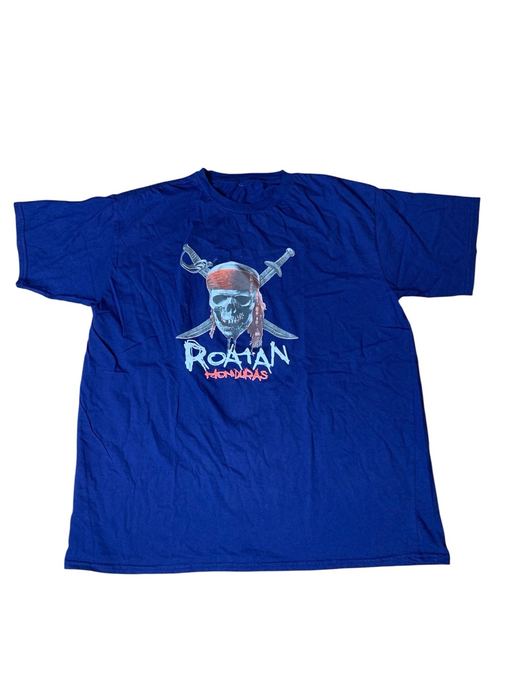Roatan Honduras Pirate Skull Crossbones Graphic T-Shirt Royal Blue XL